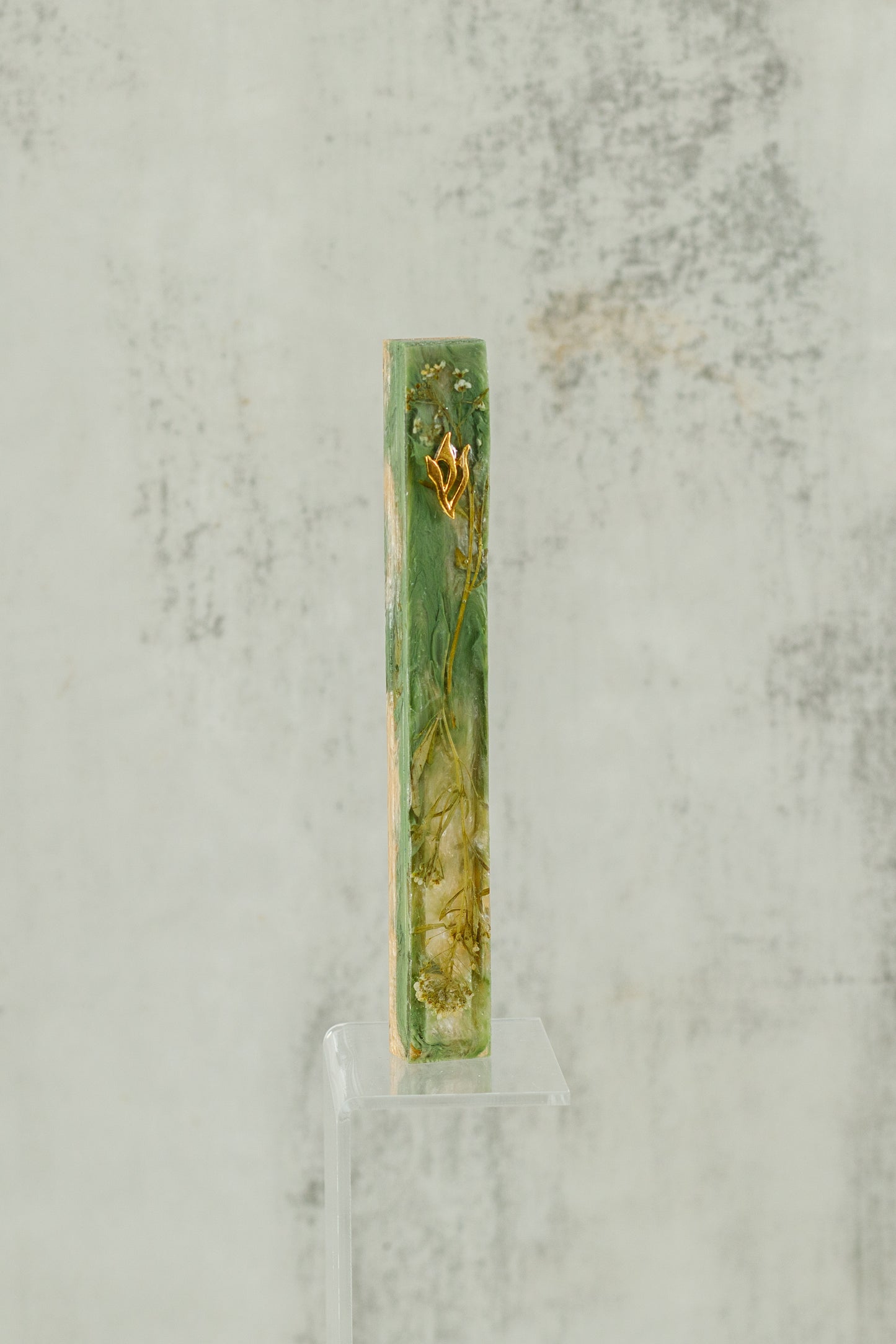 Green and Gold Floral Inlay Mezuzah Case