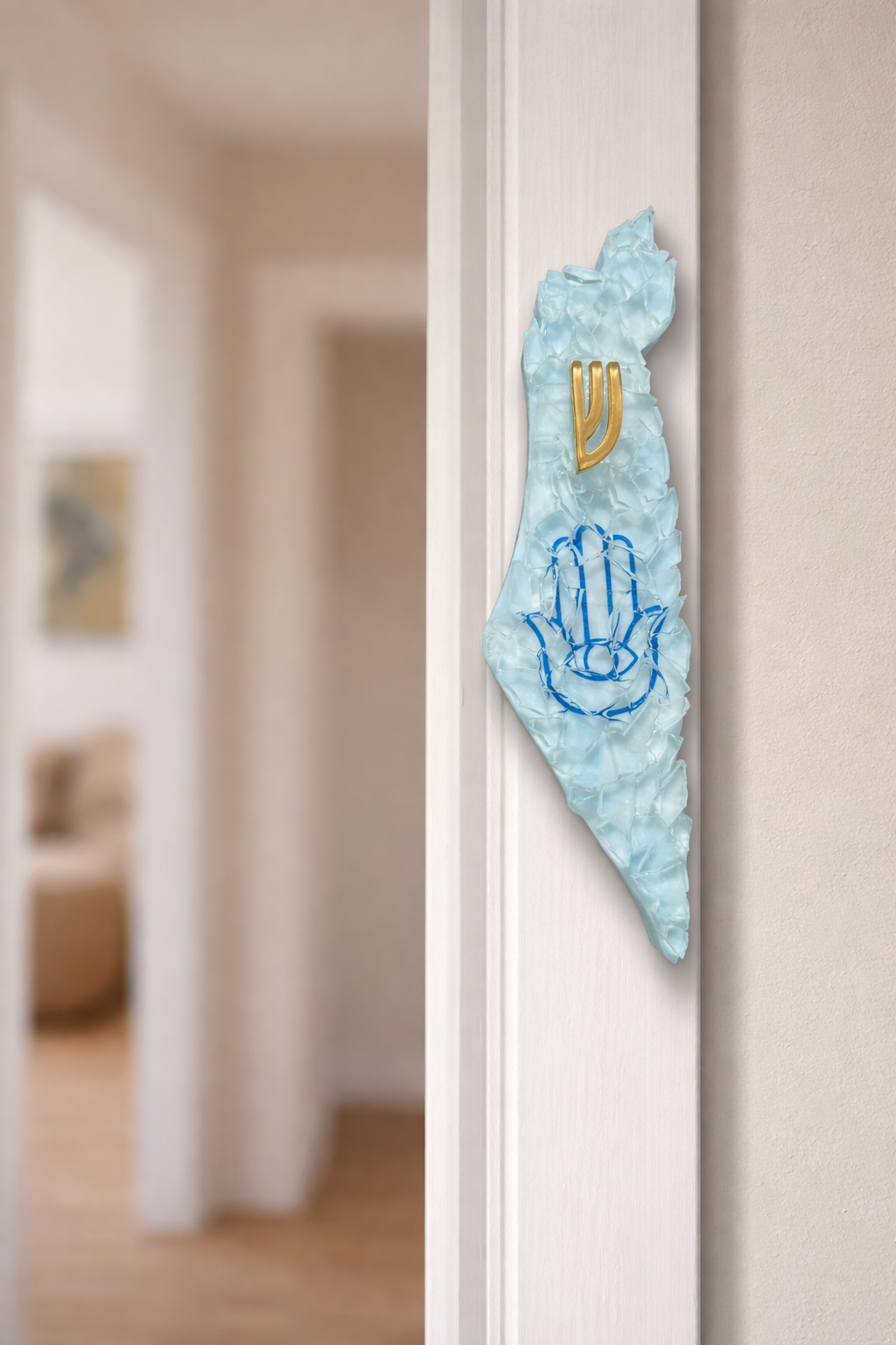 Clear Israel-Shaped Mezuzah Case Hamsa